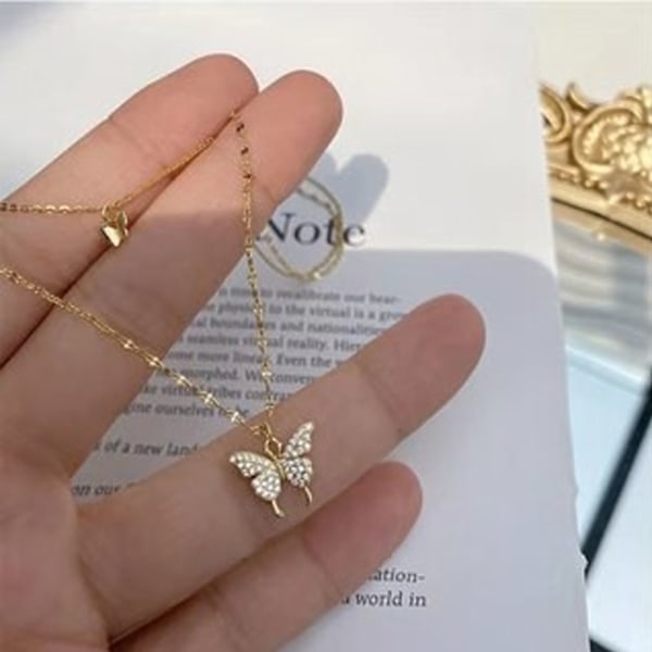 Flerlags Butterfly Halskjede Kvinner Jenter Moteriktig Rhinestone Halskjede For Dansefest Gull