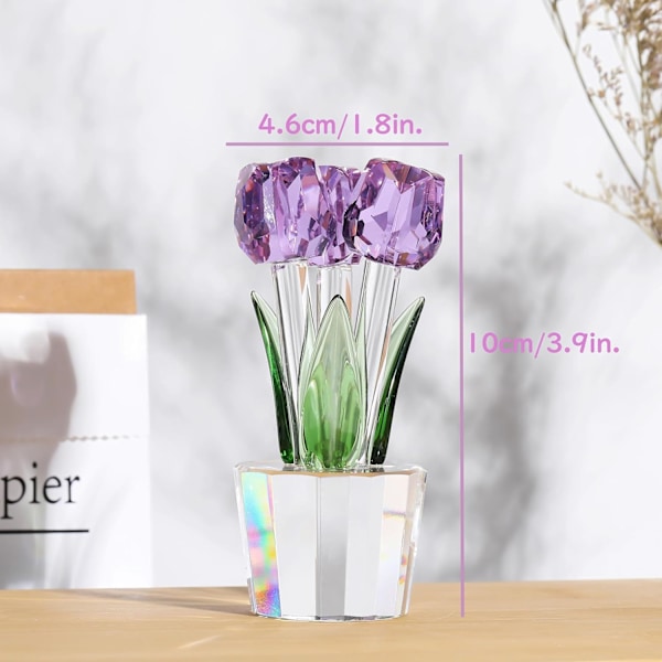 Krystall Tulipan Blomsterbukett Figur Samleobjekter Gaver til Kvinner, Glass Blomster Midtstykke Ornamenter til Jul Bursdag med 3 Blomster Purple