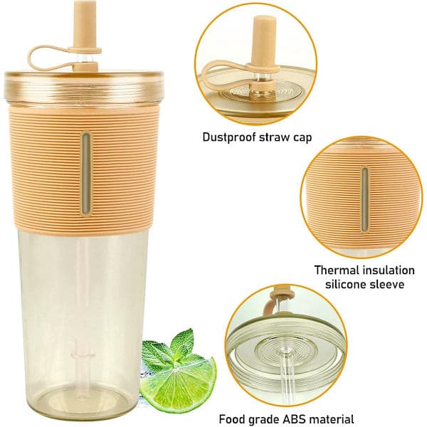 Dricksglas med lock och sugrör, dubbelväggigt, isolerade plastglas, återanvändbar mugg, för smoothies, bubbelte, iskaffe, 2-pack