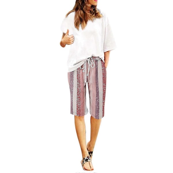 Herr Casual Bomull Linne Shorts, Sommar Färgblock Randiga Dragsko Midja Shorts Red XL