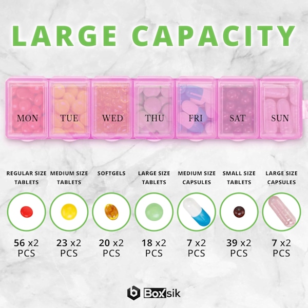 Pillerorganisatör, 7-dagars 1 gång om dagen medicinförvaringslåda, veckovis tablettpillerbehållare för vitaminer, kosttillskott Pink