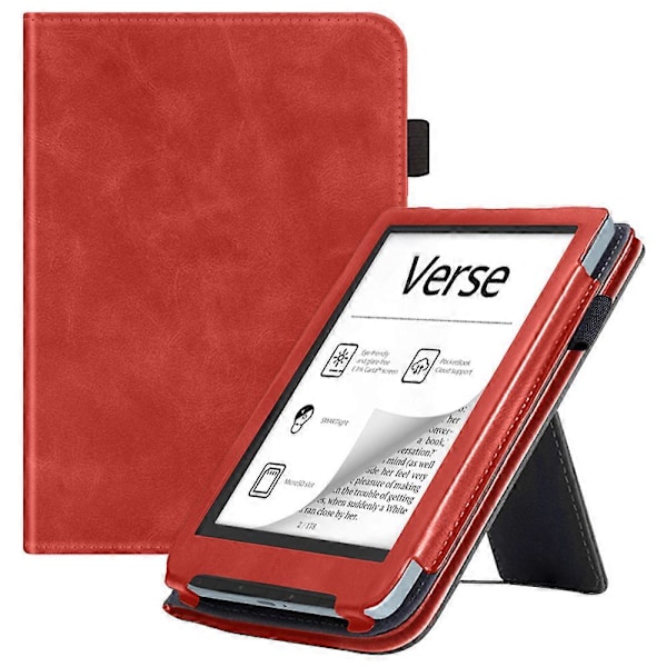 Skyddsfodral med stativ i PU-läder för PocketBook Verse PB629 E-läsare, automatisk väckning/sömn Red