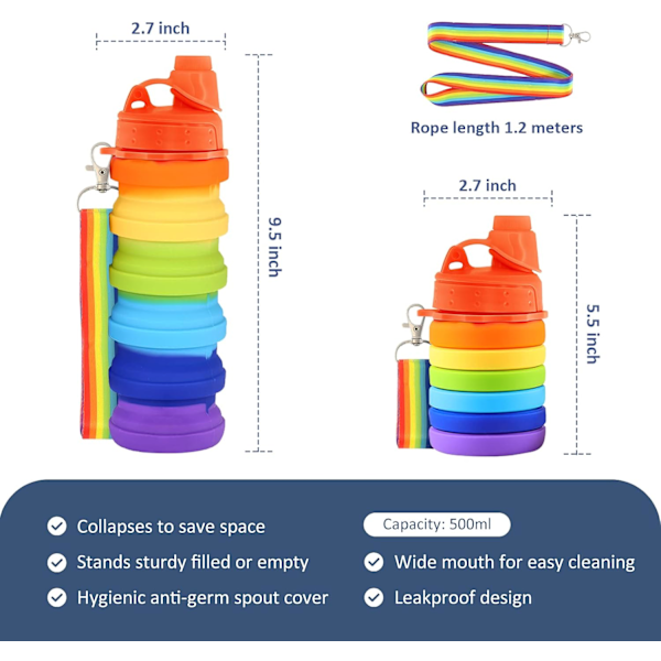 Silikon vannflaske for barn, 500 ml bærbar sammenleggbar vannflasker, lekkasjesikre silikon drikkeflasker med snorstropper for jenter og gutter