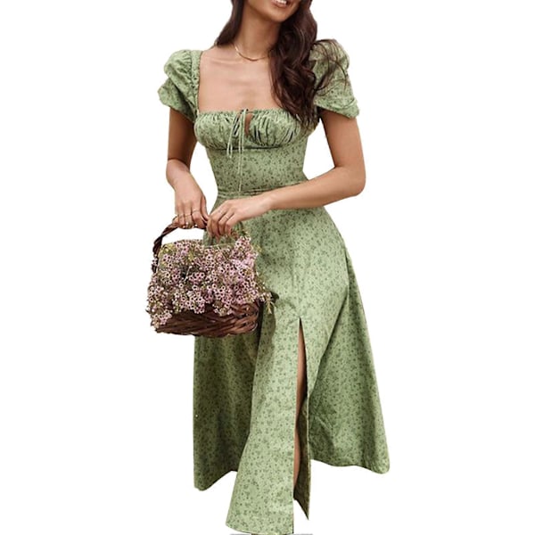 Chic Blommig Klänning Typ 1 - Bröstband, Puffärmar, A-linjeformad Lång Tunika, Trendig Sommarlook, L