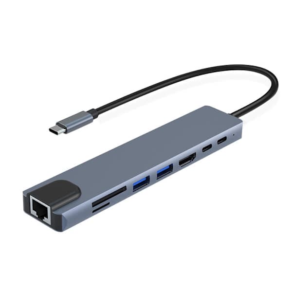 8-porters USB-C-hub med USB, UBC PD, HDMI, RJ45, minnekort Grå