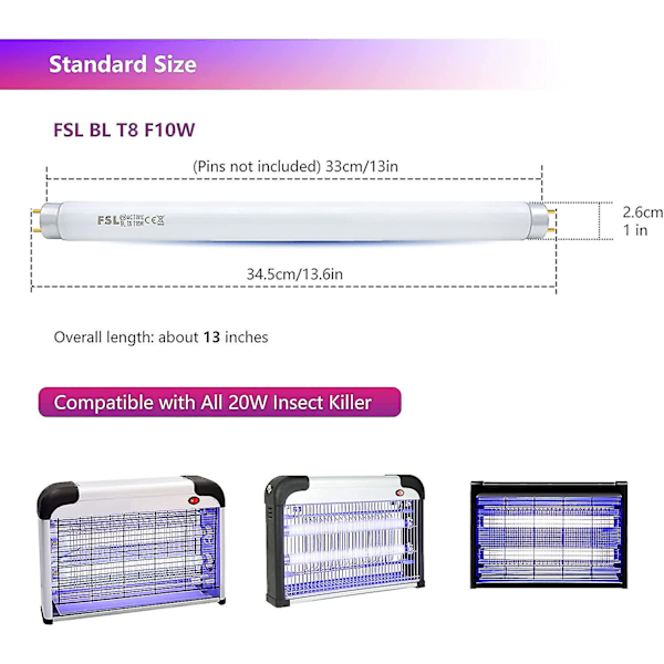 Fsl T8 F10w Bl Erstatningslampe - Uv-rør For Mygg/insektdreperlampe (2stk)
