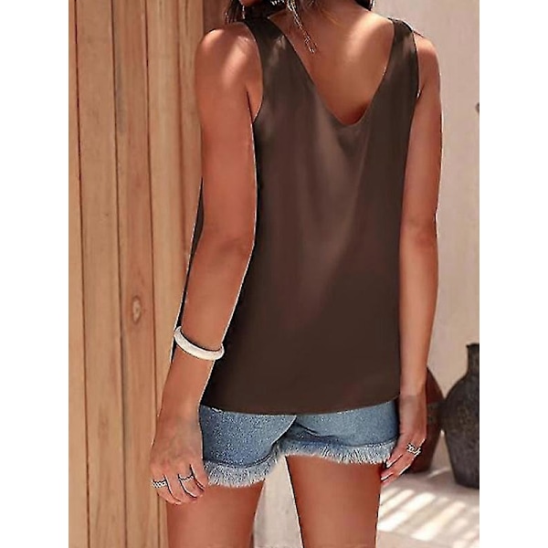 Dame Silke Sateng Tanktopper V-hals Casual Cami Ermeløse Camisole Bluser Brown S
