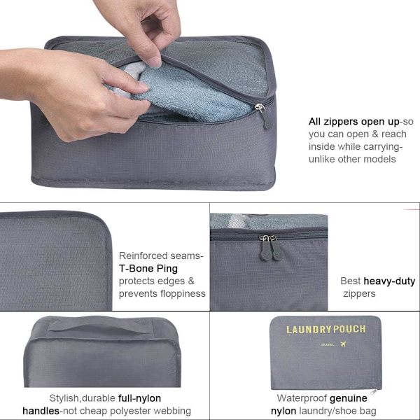 Reisearrangør Pakkeposer, 6 PCS Reisepakkekuber Sett for Klær Reisebagasje Organisasjonslagerposer Grey
