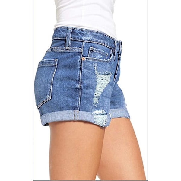 Rippade jeansshorts för dam, stretchiga shorts med vikt fåll --- Ljusblå Storlek Xxl XXL
