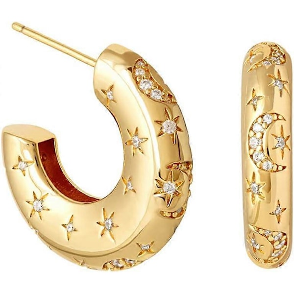 Vintage Chunky Moon Star Tjock Liten Öronring för Kvinnor Flickor Nätt Trendig Silverstift Äkta Guldpläterad Kristall C Formad Öppen Huggie Öronringar Hypoallergen