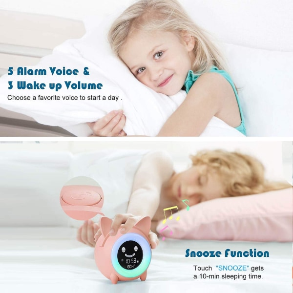 Barn Søvn Trening Vekkerklokke, Wake Up Light Digital klokke Søvn Trener Nattlys Lyd Maskin Blund timer Pink