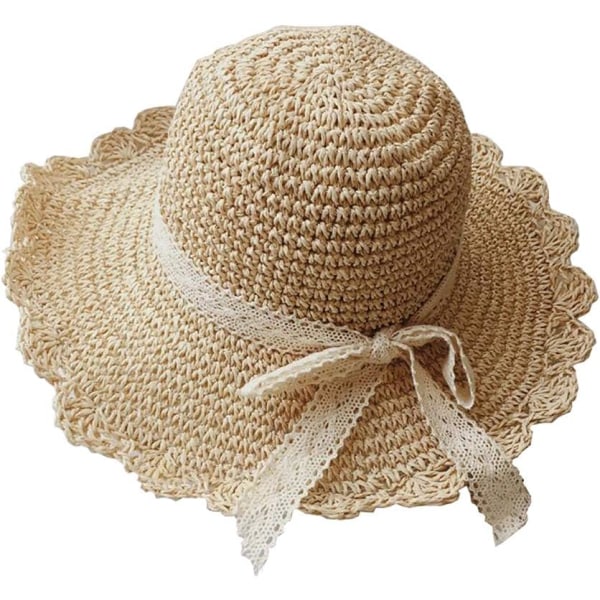 Floppy solhatt for barn - Pakkbar solhatt med visir - Foldbar sommerhatt for strand med blonder og sløyfe for småbarn og jenter