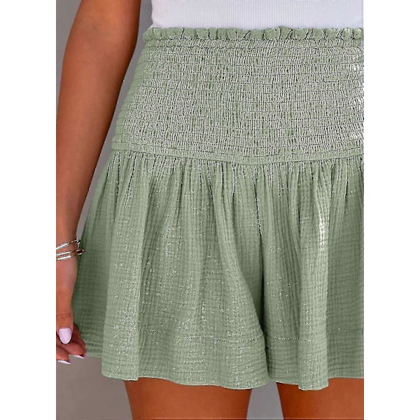 Damshorts Bomull Hög Elastisk Midja Plisserade Volang Söta Shorts Strand Flödande Casual Shorts S-xl Green X-Large