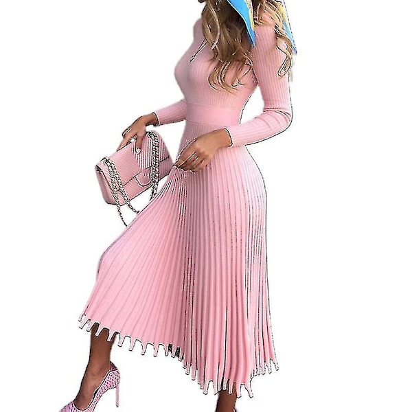 Dame Mock Neck Slim Fit Plisseret Ribstrikket Kjole Pink L