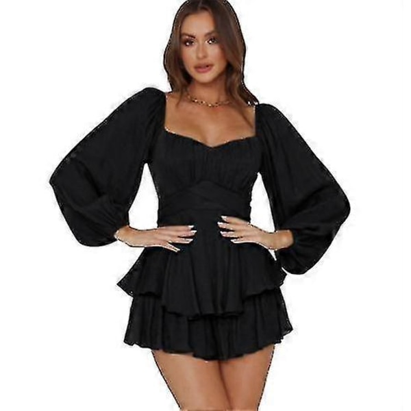 Långärmad minishorts-romper med volanglager och knytning för dam M Black