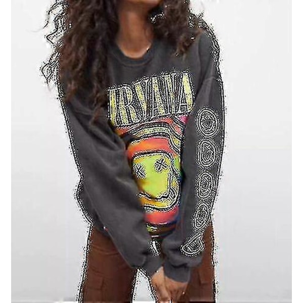 Nirvana Smiley Face Crewneck Sweatshirt Heliconia Färg Nirvana Tröja Gåva Grey 2XL