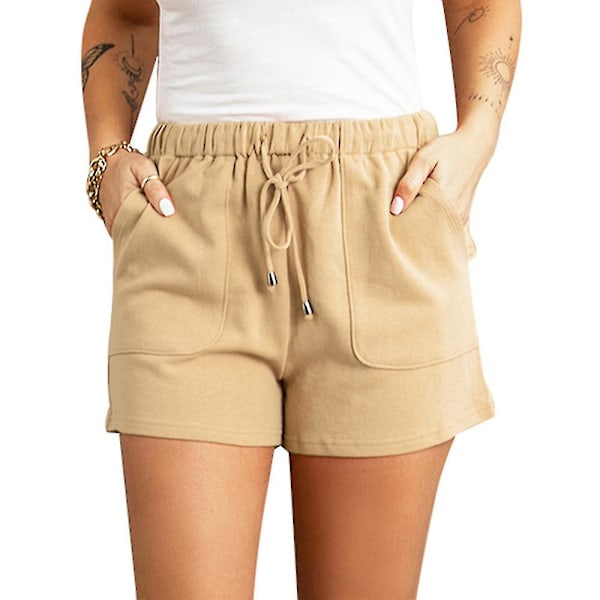 Dame Shorts med snøring, ensfarget, høy midje og lommer for sport Khaki L