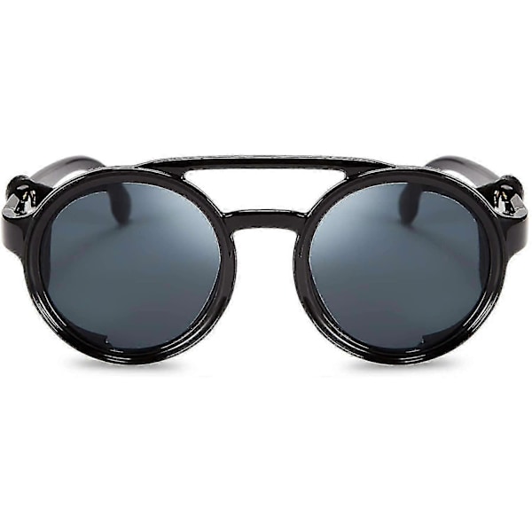 Retro Pyöreät Steampunk Aurinkolasit Naiset Miehet Vintage Silmälasit Kevyt Muovikehys Nahkasisustuksella B2532 Black