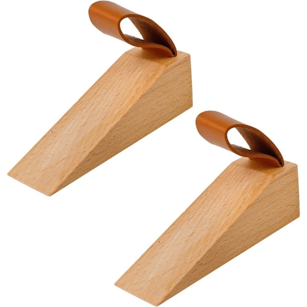 Wooden Door Stop,  2 Piece Door Wedge Floor, Non-Slip Beech Wood Doorstop, Smooth Grain, with Leather Clip