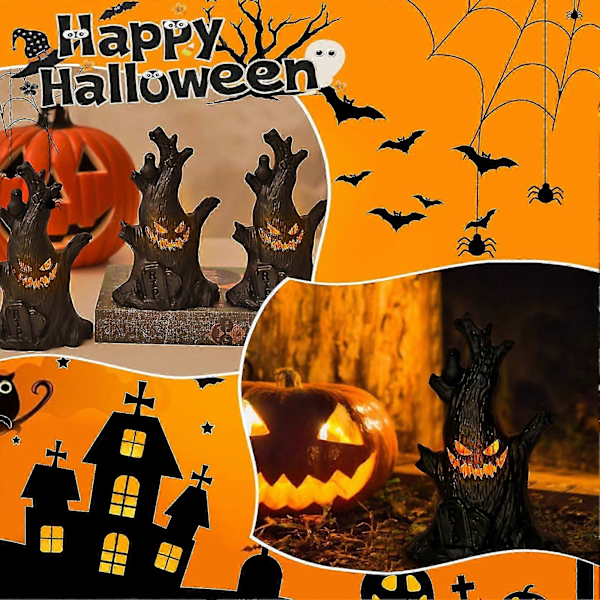 Halloween Spøkelsestreet Stubbe Med LED-Lys, Treansikt Lysende LED Spøkelsestreet Stubbe Batteridrevet For Halloweenfest 2 Pcs
