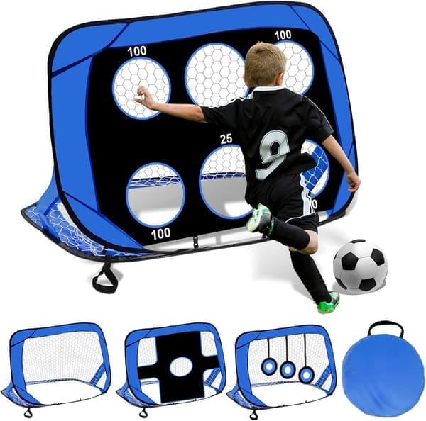 4-i-1 Foldbart Fodboldmål, Foldbart Fodboldmål, Bæretaske, Fodboldmål til Børn, 120×80×80cm, Sort + Blå
