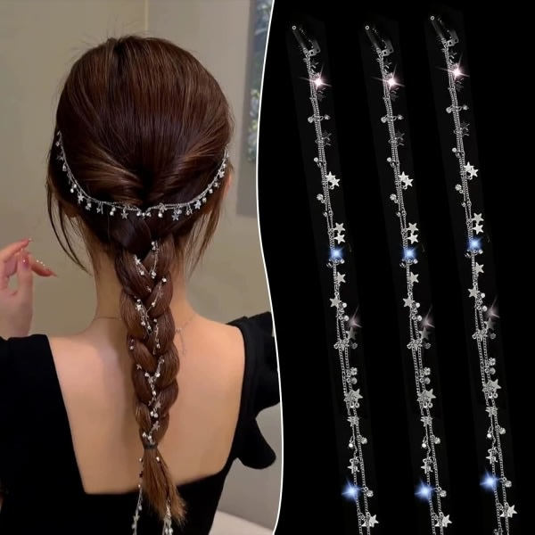 3 st Hårkedjor med långa strass, Silver Måne Stjärna Tassel Hårklämma, Hästsvans Multi Strand Hår Smycken för Flätor Bling Kristall Flätad Hårkedja