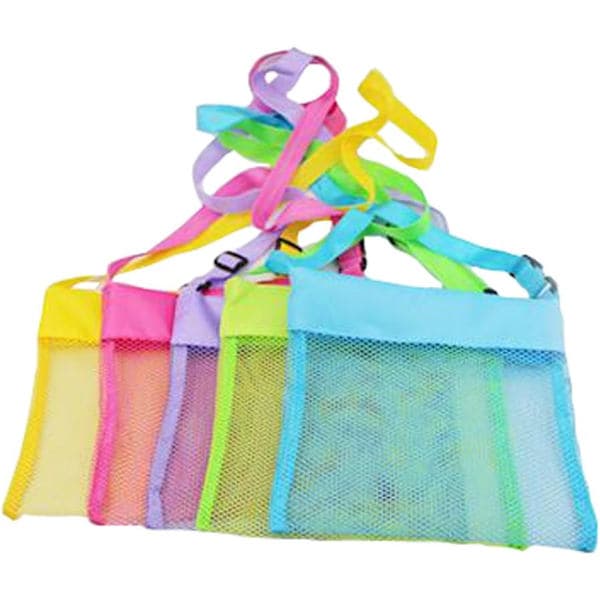 5-pack färgglada mesh strandväskor, ventilerande skalväskor med justerbar