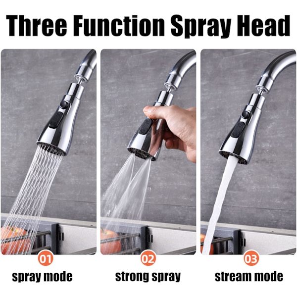 360° Vridbar Köksblandare Kran Sprayhuvud med 3 Funktioner Kranfäste Spray Kran Aerator för Köksblandare Ersättning Sprayhuvud, Krompolerad