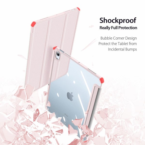 För Ipad Air 4 10.9 2020 Case, Folio Tri-Fold Stand Smart Case med löstagbart Slim Hard Shell Transparent Baksida - Rosa
