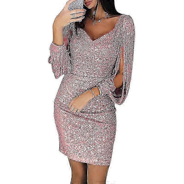 Dam Paljettklänning Glitter Sexig Djup V-ringning Kort Klänning Ovanför Knälängd Lång Ärm med Tofsar 5XL Pink