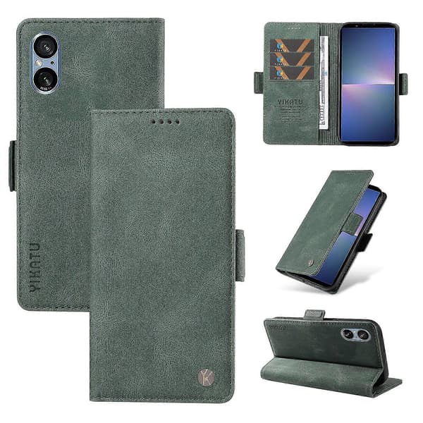 För Sony Xperia 5 V Läder Telefonfodral Vikbart Ställ Plånboksfodral Green