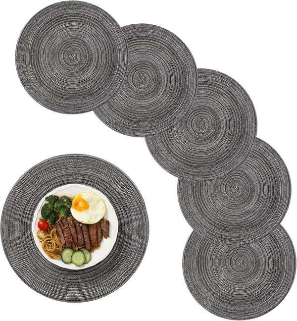 6 stk - Dekkebrikker Runde Vaskbare Bomullsvevde Grå 38*38 cm - Til Hjemmebruk