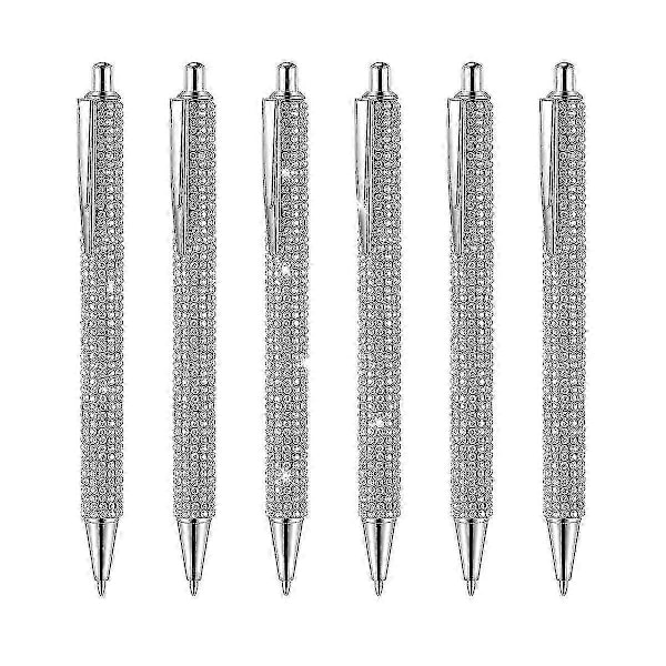 6 stk. Søde kuglepenne med bling-diamanter, jule-rhinsten, gave, sølvmetal, kuglepen, fancy, funklende krystal