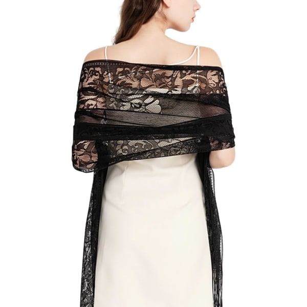 Damkrage Sjal Cape Scarf Spets Sjal Vingar Sjal med fransar Mjukt nät fransar omslag för bröllop fest black