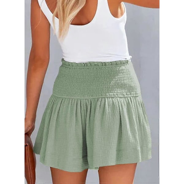 Damshorts Bomull Hög Elastisk Midja Plisserade Volang Söta Shorts Strand Flödande Casual Shorts S-xl Green Small