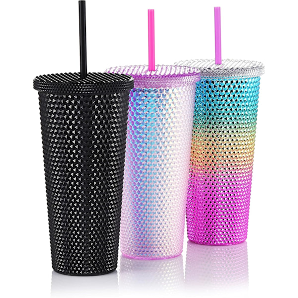 Studded Tumbler med lokk og sugerør, gjenbrukbar kopp med sugerør lokk, plast vannflaske, iset kaffe reisekrus kopp - Svart