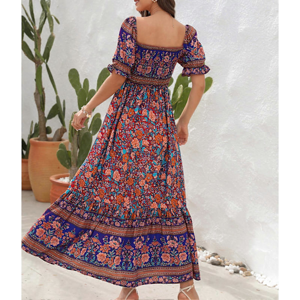 Dame Trykket Maxikjole Kort Pufferme Elastisk Rynket Byste Off Shoulder Lang Kjole Rød Base XL