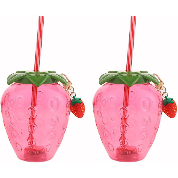 Jelly 2-pack drickskopp med lock och sugrör, söt jordgubbsmugg, plastflaska, återanvändbar kall dryckesmugg
