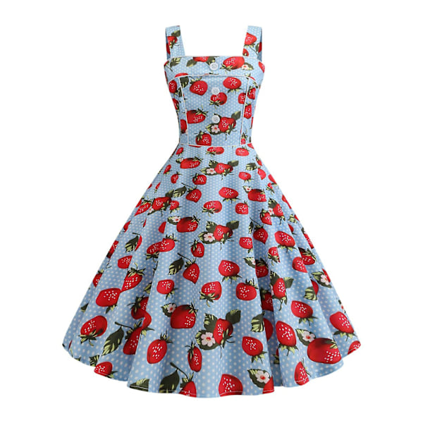 Dame Prom Kjole Jordbær Print A-linje Stor Sving Vintage Knap Dekoration Ærmeløs Lynlås i Ryggen Høj Talje Rygløs Firkantet Hals Cocktail Party Blue M