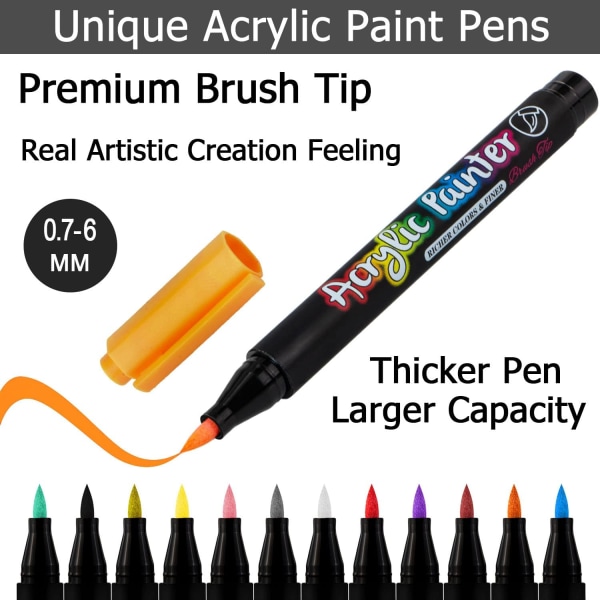 Paint Penne, Akryl Paint Penne med Pensel spids, 12 Farve Akryl Penne til Stenmaleri Glas Træ Keramik Håndværksartikler, Maling Markers