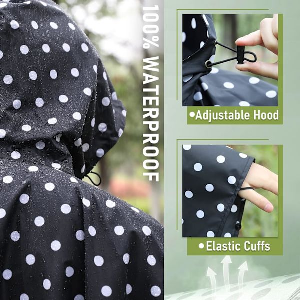 Regnfrakke til voksne, vandtæt udendørs hætte, poncho vandtæt til kvinder med lynlås, festivalponchoer vandtæt lang, vandtætte kapper plusstørrelse White Dots on Black