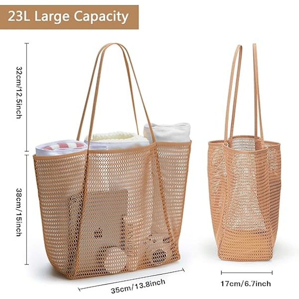Sommerstrandveske, dame netting tote bag, stor casual skuldertaske med glidelås innerlomme for reise daglig basseng gym piknik Brown