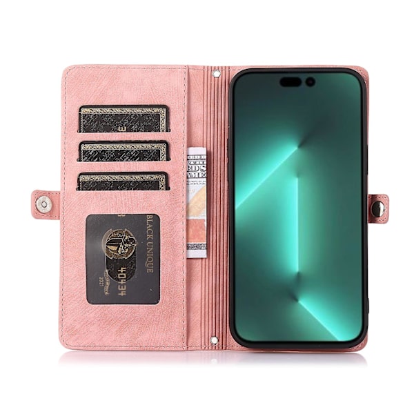 Multi Kort Mobiltelefon Læder Etui Til iPhone 15 Pro Max Pink