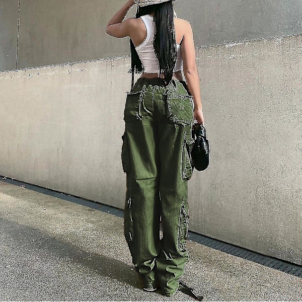 Baggy Hip Hop Cargo Bukser for Kvinner med Lomme Y2k Lavt Liv Snøring Løse Joggebukser Cargo Bukser Casual Sweatpant Streetwear Army Green XL