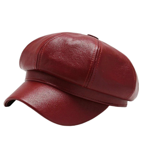 Dam Vår Sommar Basker Retro Enfärgad Konstläder Kort Skärm Dekorativt Solskydd Anti-UV Andningsbar Dam Målarhatt Unisex Åttakantig Mössa Red