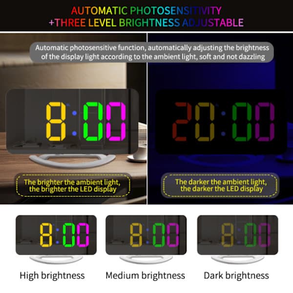 Digitaalinen herätyskello peilipinnalla, 3 kirkkaustasoa, RGB-värit