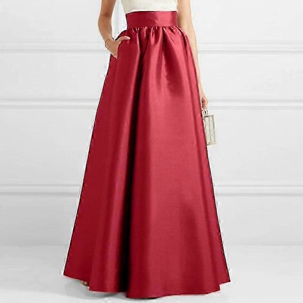 ZANZEA Dame Mote Høy Midje A-linje Sateng Skjørt Ensfarget Fest Lange Skjørt wine red 4XL