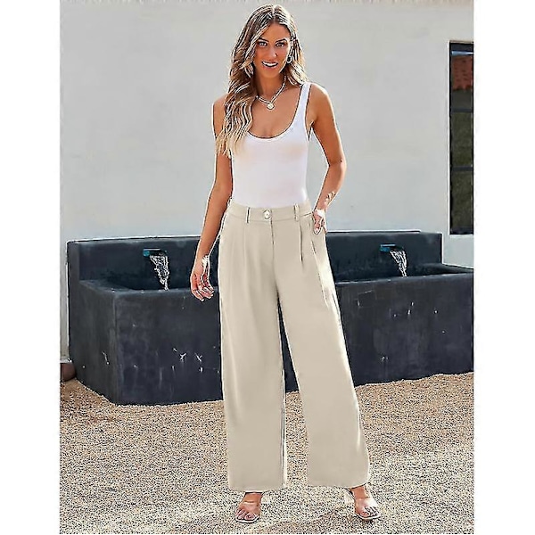 Dressbukser med vide ben for kvinner, høye i livet, business casual Beige M
