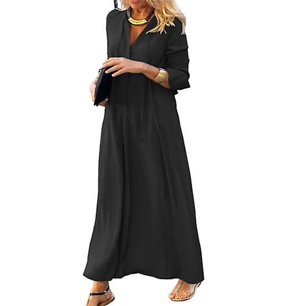 Skjortklänning Hög Midja Varm Hudvänlig Populär Dam Enfärgad Pullover Höst Lång Klänning för Semester black M