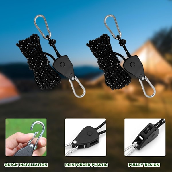 4 stk. Reflekterende telt barduner med remskive Heavy Duty 1/8\" reb ratchet ophæng 4mm snor telt guide reb med aluminium justering